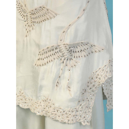 "Two Sisters" by Gyans White Cotton Chanderi Hand Embroidered Flying Birds Co-Ord (Set of 2)