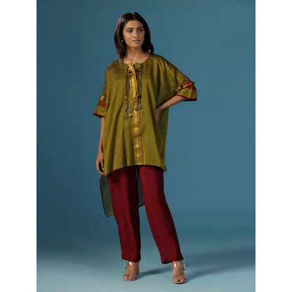 "Two Sisters" by Gyans Green Wine Cotton Lace Detail Dories Kurti with Pant (Set of 2)