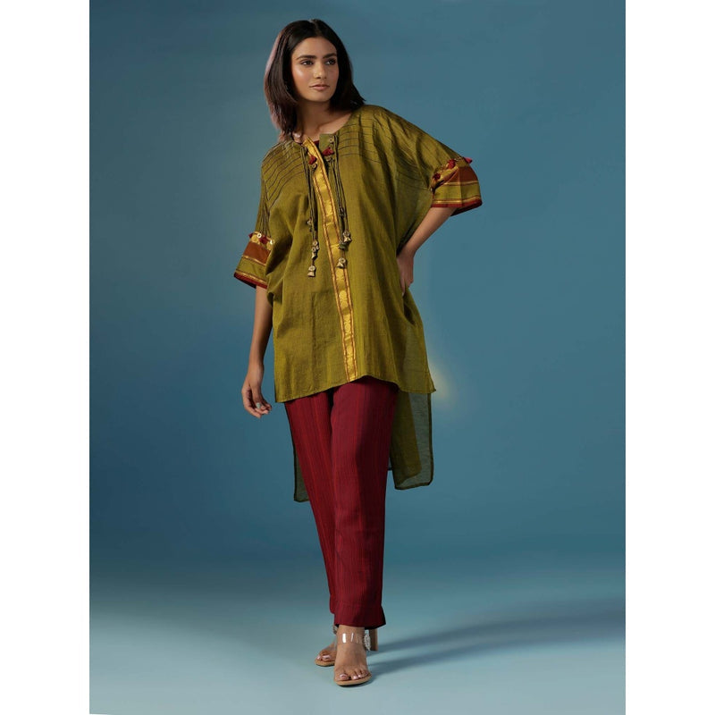 "Two Sisters" by Gyans Green Wine Cotton Lace Detail Dories Kurti with Pant (Set of 2)