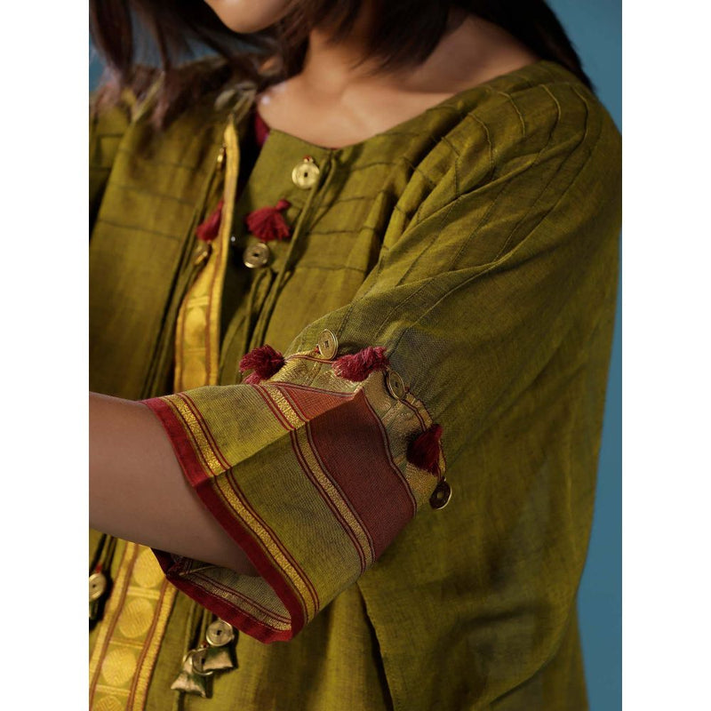 "Two Sisters" by Gyans Green Wine Cotton Lace Detail Dories Kurti with Pant (Set of 2)