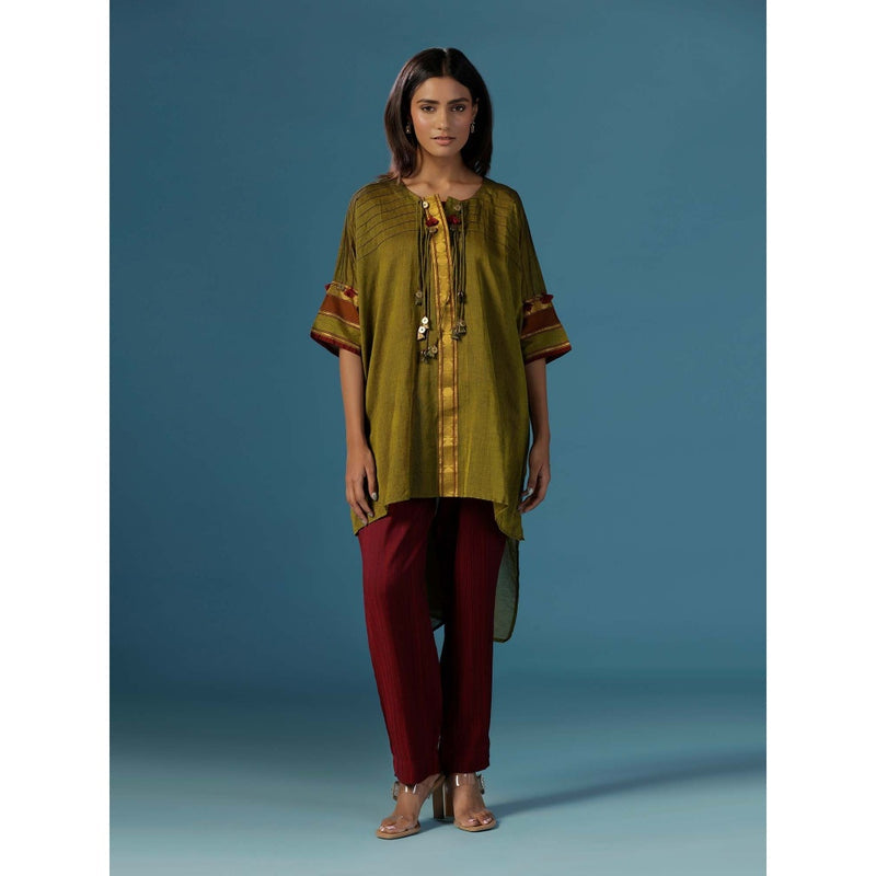 "Two Sisters" by Gyans Green Wine Cotton Lace Detail Dories Kurti with Pant (Set of 2)