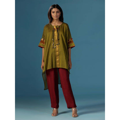 "Two Sisters" by Gyans Green Wine Cotton Lace Detail Dories Kurti with Pant (Set of 2)