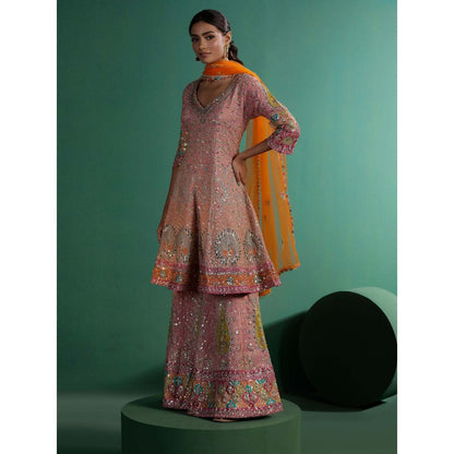"Two Sisters" by Gyans Blush Pink Embroidered Kurta with Sharara and Dupatta (Set of 3)