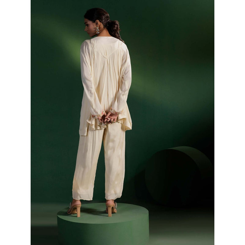 "Two Sisters" by Gyans Ivory Resham Thread Stone Embroidery Kurti with Pant (Set of 2)