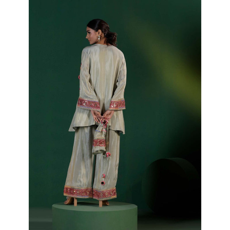 "Two Sisters" by Gyans The Banjara Grey Co-Mirror Thread Zari Embroidery Co-Ord (Set of 3)