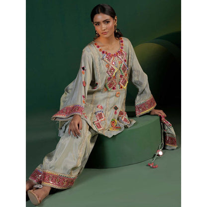 "Two Sisters" by Gyans The Banjara Grey Co-Mirror Thread Zari Embroidery Co-Ord (Set of 3)