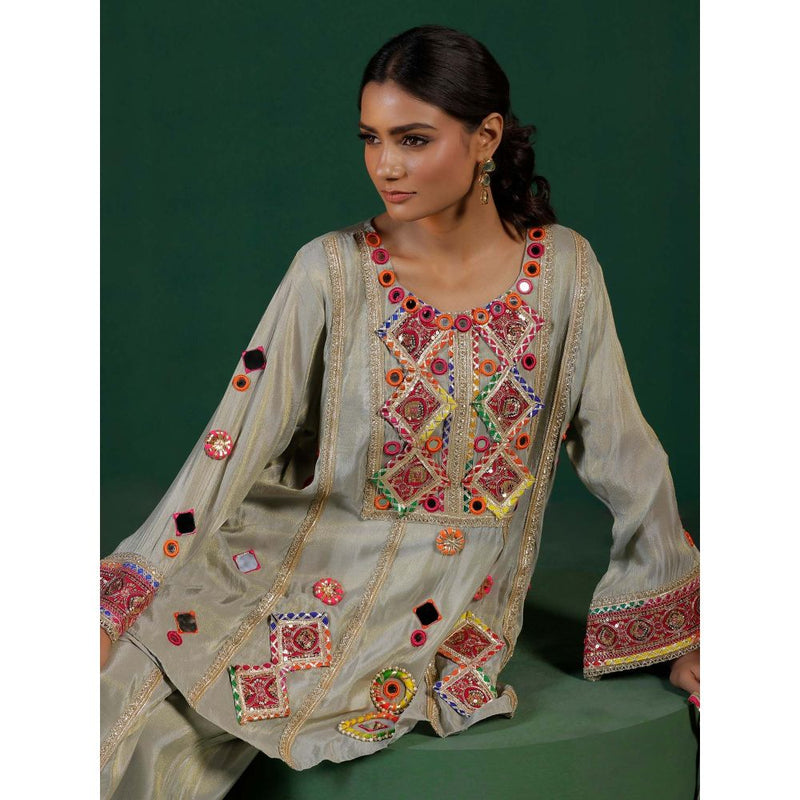 "Two Sisters" by Gyans The Banjara Grey Co-Mirror Thread Zari Embroidery Co-Ord (Set of 3)
