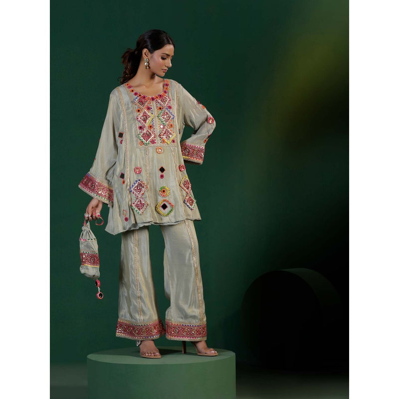 "Two Sisters" by Gyans The Banjara Grey Co-Mirror Thread Zari Embroidery Co-Ord (Set of 3)