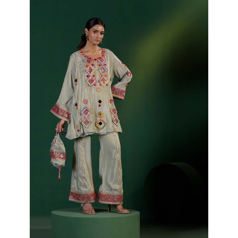 "Two Sisters" by Gyans The Banjara Grey Co-Mirror Thread Zari Embroidery Co-Ord (Set of 3)