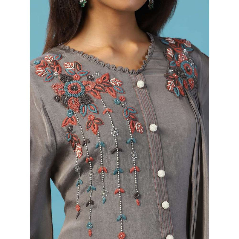 "Two Sisters" by Gyans Grey Chiffon Bell Sleeves Multi Resham Embroidered Yoke Draped Gown