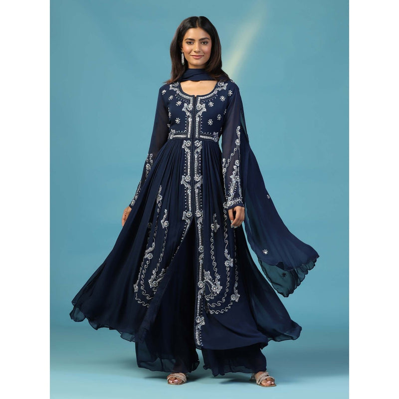 "Two Sisters" by Gyans Navy Blue Georgette Anarkali Kurta with Palazzo and Dupatta (Set of 3)