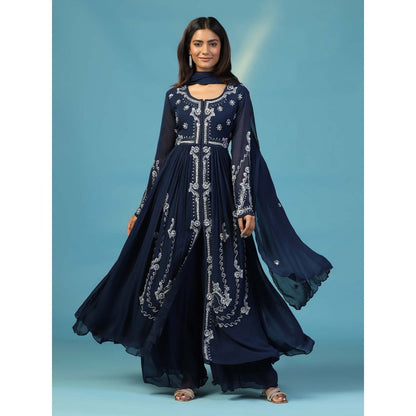 "Two Sisters" by Gyans Navy Blue Georgette Anarkali Kurta with Palazzo and Dupatta (Set of 3)