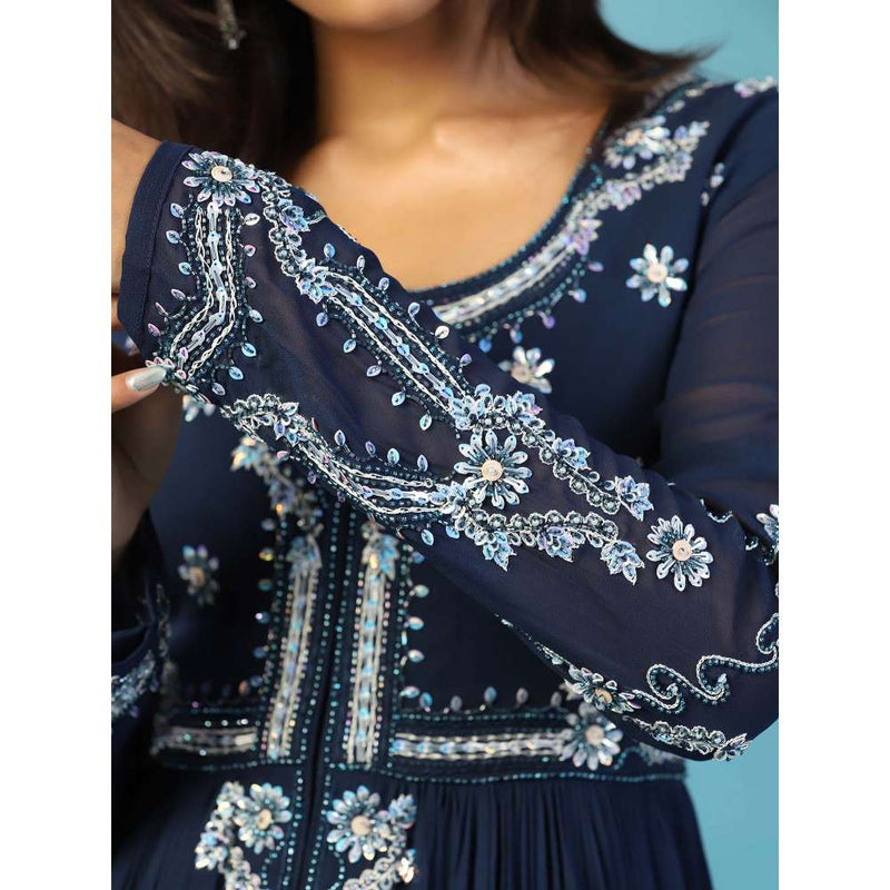"Two Sisters" by Gyans Navy Blue Georgette Anarkali Kurta with Palazzo and Dupatta (Set of 3)