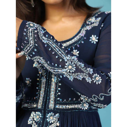 "Two Sisters" by Gyans Navy Blue Georgette Anarkali Kurta with Palazzo and Dupatta (Set of 3)