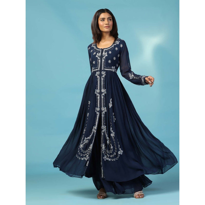 "Two Sisters" by Gyans Navy Blue Georgette Anarkali Kurta with Palazzo and Dupatta (Set of 3)