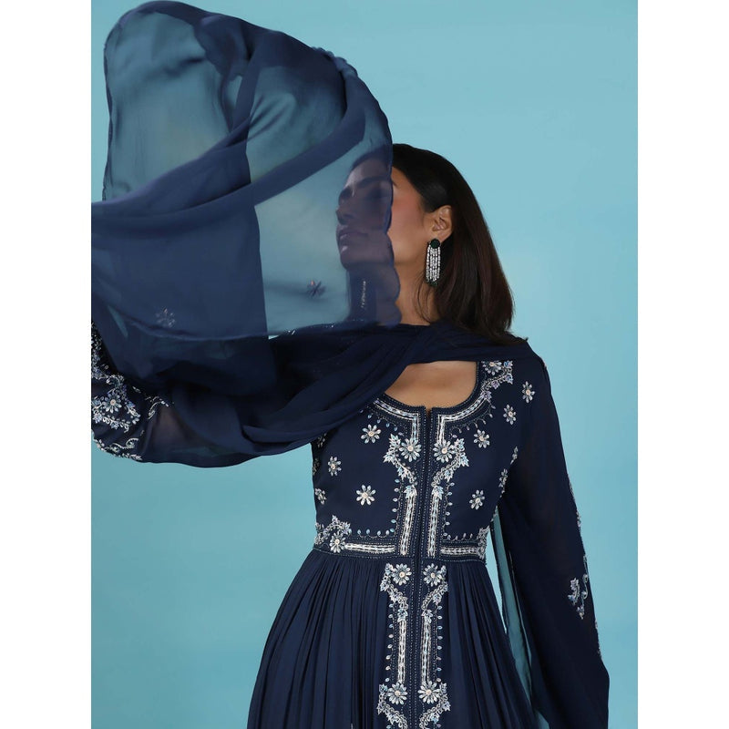 "Two Sisters" by Gyans Navy Blue Georgette Anarkali Kurta with Palazzo and Dupatta (Set of 3)