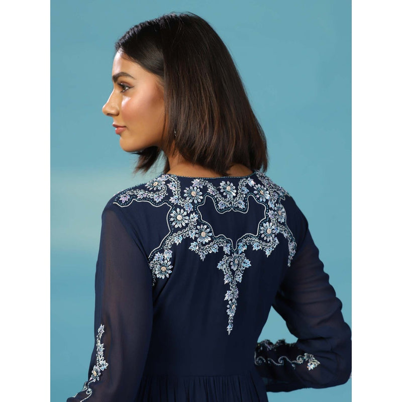 "Two Sisters" by Gyans Navy Blue Georgette Anarkali Kurta with Palazzo and Dupatta (Set of 3)