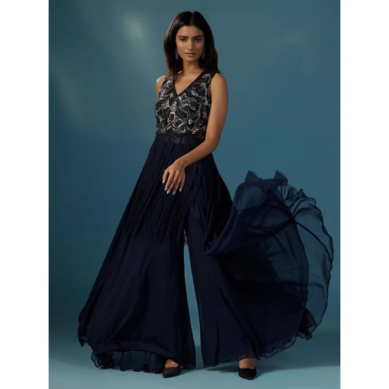 "Two Sisters" by Gyans Navy Blue Fringed Kurta with Sharara (Set of 2)