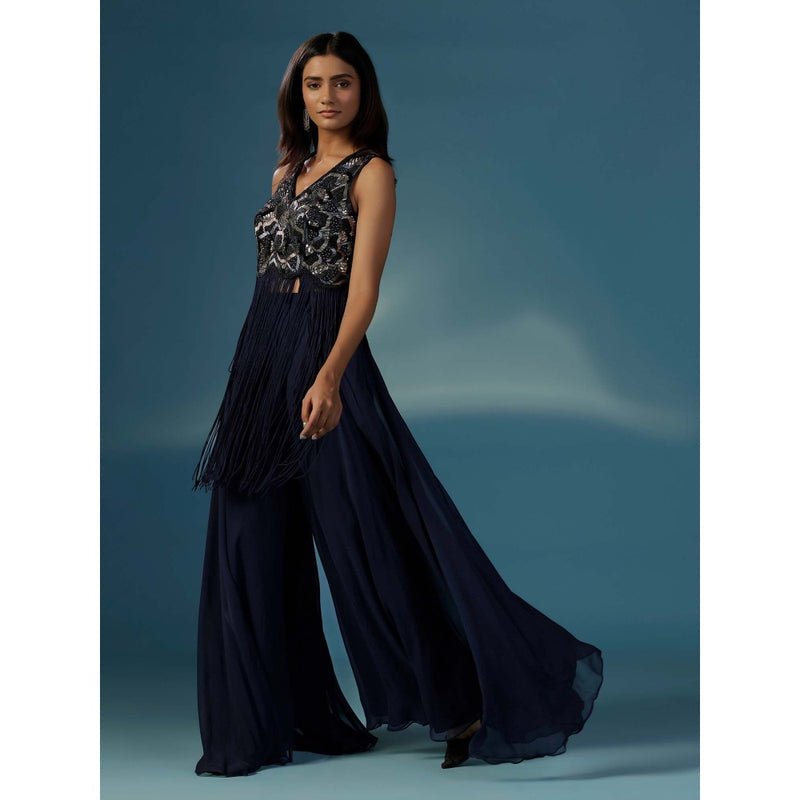 "Two Sisters" by Gyans Navy Blue Fringed Kurta with Sharara (Set of 2)