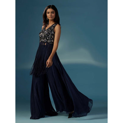 "Two Sisters" by Gyans Navy Blue Fringed Kurta with Sharara (Set of 2)