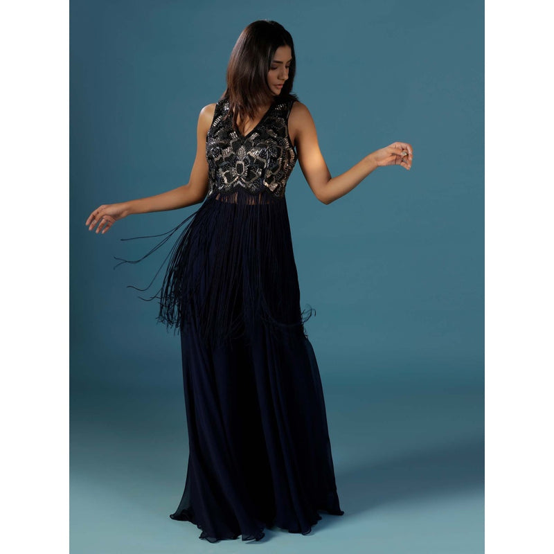 "Two Sisters" by Gyans Navy Blue Fringed Kurta with Sharara (Set of 2)