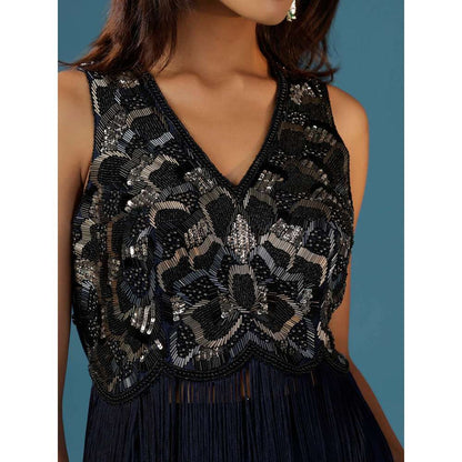 "Two Sisters" by Gyans Navy Blue Fringed Kurta with Sharara (Set of 2)