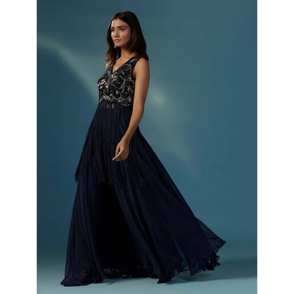 "Two Sisters" by Gyans Navy Blue Fringed Kurta with Sharara (Set of 2)