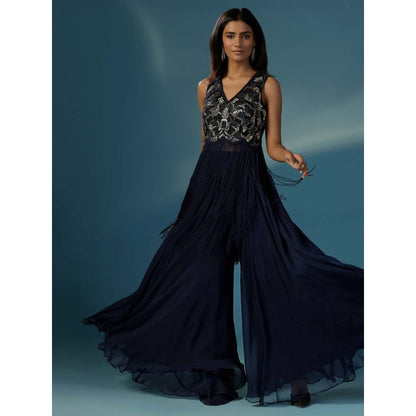 "Two Sisters" by Gyans Navy Blue Fringed Kurta with Sharara (Set of 2)