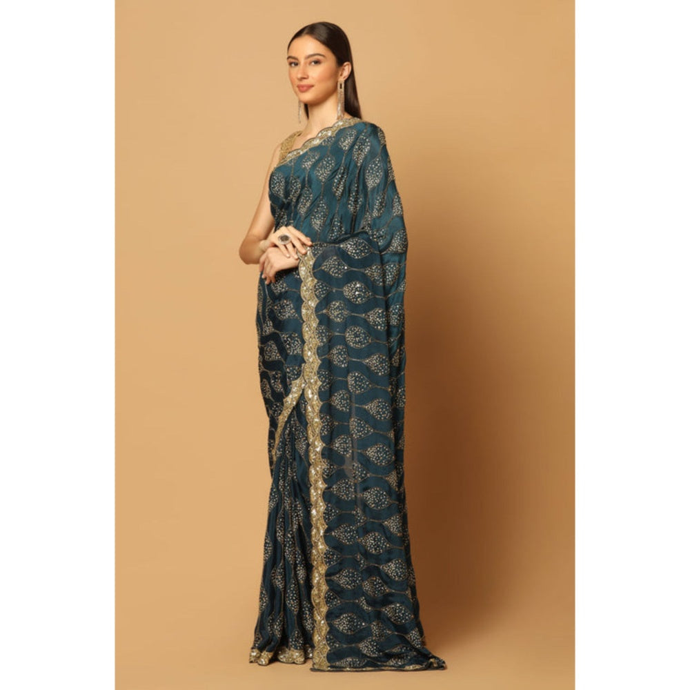 "Two Sisters" by Gyans Teal Gold Jaal Embroidered Saree with Unstitched Blouse
