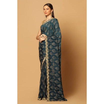 "Two Sisters" by Gyans Teal Gold Jaal Embroidered Saree with Unstitched Blouse