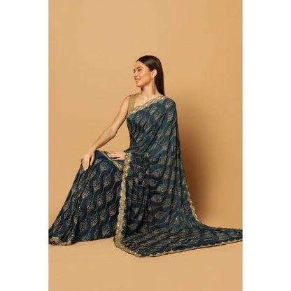 "Two Sisters" by Gyans Teal Gold Jaal Embroidered Saree with Unstitched Blouse