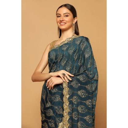"Two Sisters" by Gyans Teal Gold Jaal Embroidered Saree with Unstitched Blouse