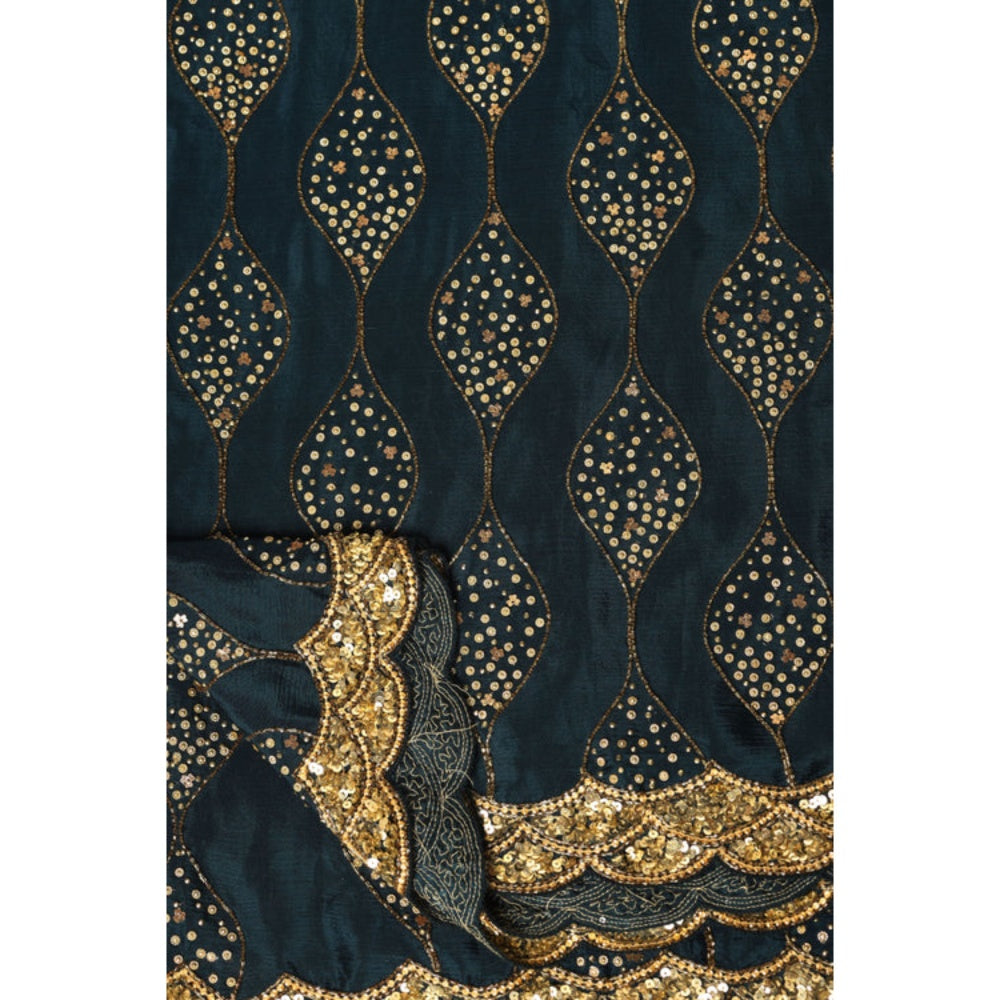 "Two Sisters" by Gyans Teal Gold Jaal Embroidered Saree with Unstitched Blouse