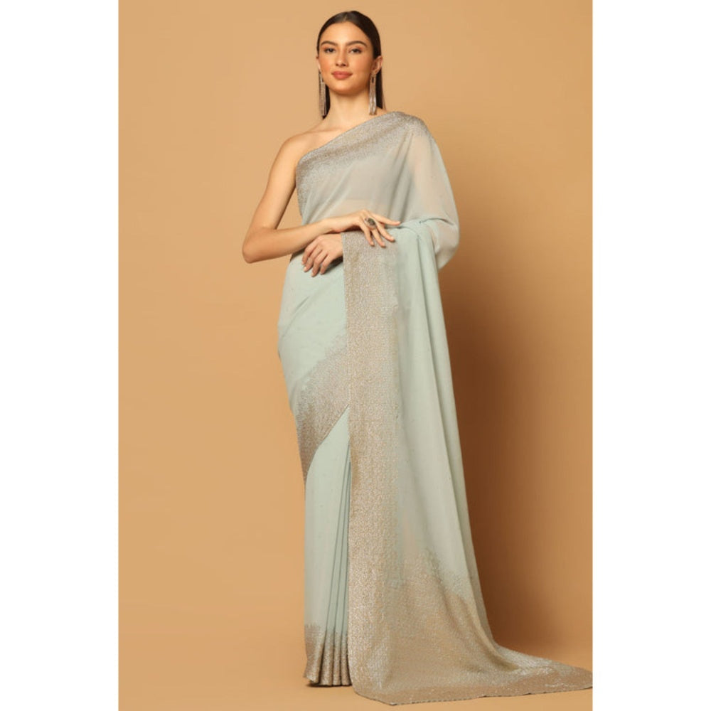 "Two Sisters" by Gyans Blue Georgette Embellished Pre-draped Saree with Unstitched Blouse