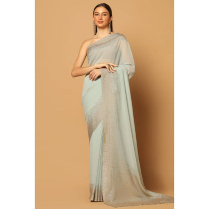 "Two Sisters" by Gyans Blue Georgette Embellished Pre-draped Saree with Unstitched Blouse