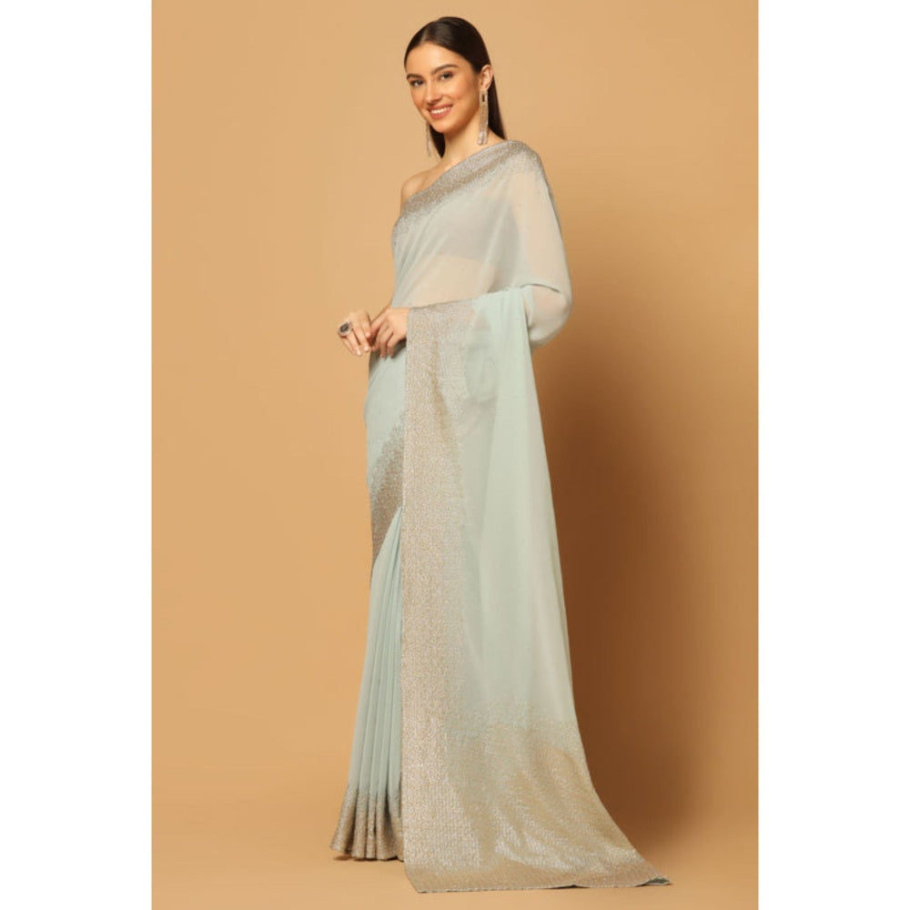 "Two Sisters" by Gyans Blue Georgette Embellished Pre-draped Saree with Unstitched Blouse