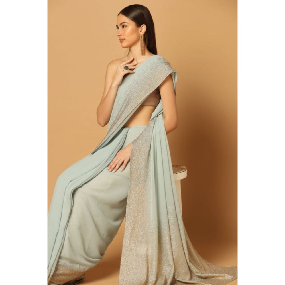 "Two Sisters" by Gyans Blue Georgette Embellished Pre-draped Saree with Unstitched Blouse