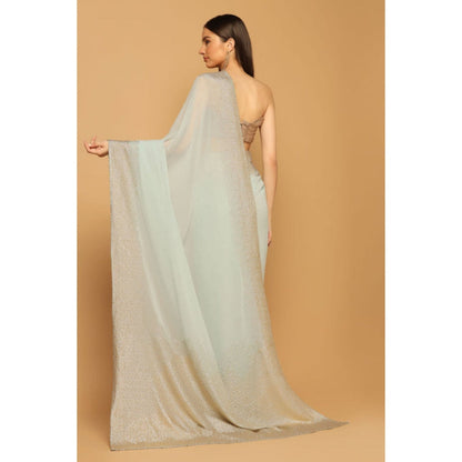 "Two Sisters" by Gyans Blue Georgette Embellished Pre-draped Saree with Unstitched Blouse