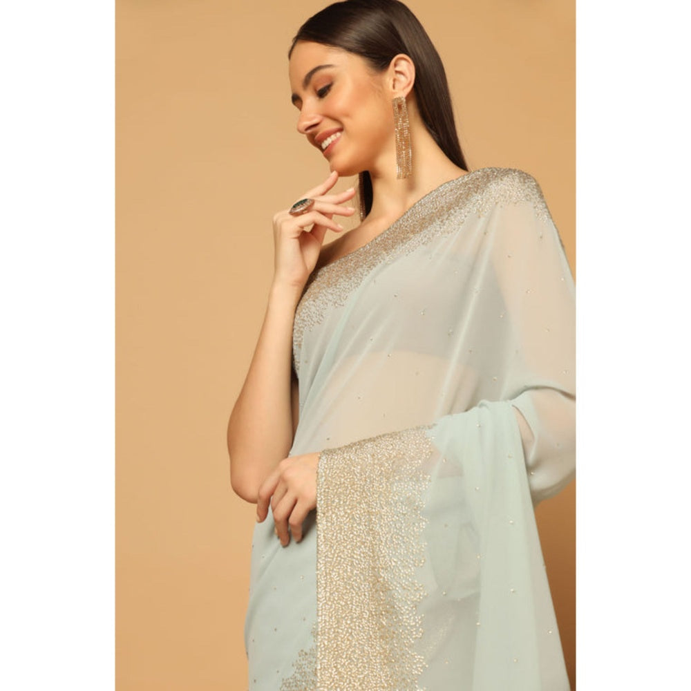 "Two Sisters" by Gyans Blue Georgette Embellished Pre-draped Saree with Unstitched Blouse