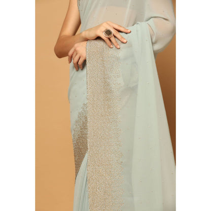 "Two Sisters" by Gyans Blue Georgette Embellished Pre-draped Saree with Unstitched Blouse