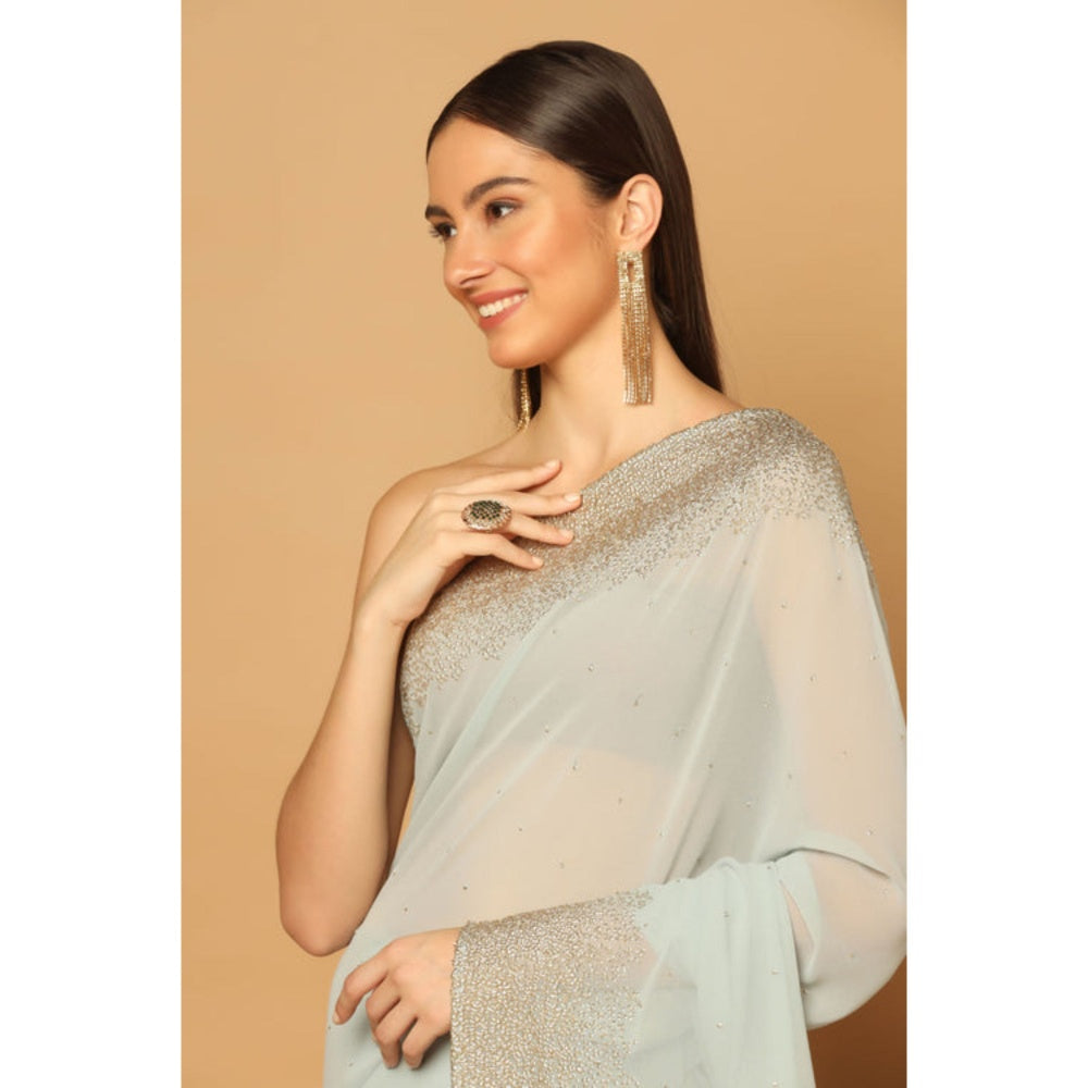 "Two Sisters" by Gyans Blue Georgette Embellished Pre-draped Saree with Unstitched Blouse