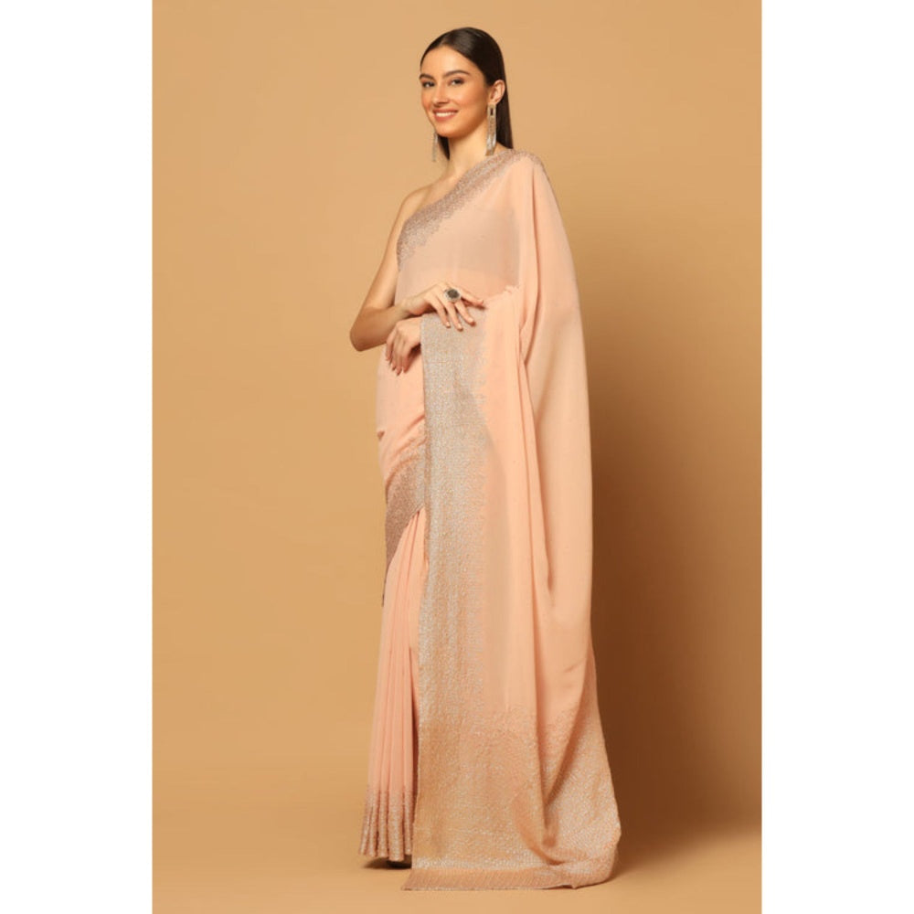 "Two Sisters" by Gyans Peach Embroidered Sequins Saree with Unstitched Blouse