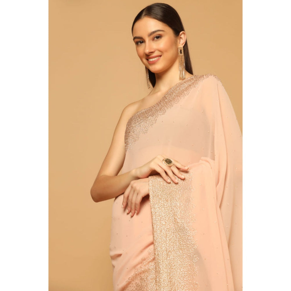 "Two Sisters" by Gyans Peach Embroidered Sequins Saree with Unstitched Blouse