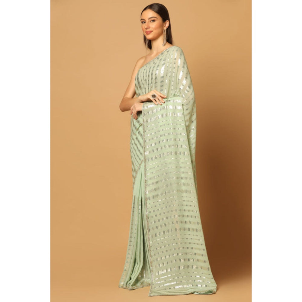 "Two Sisters" by Gyans Green Georgette Embroidered Pre-draped Saree with Unstitched Blouse