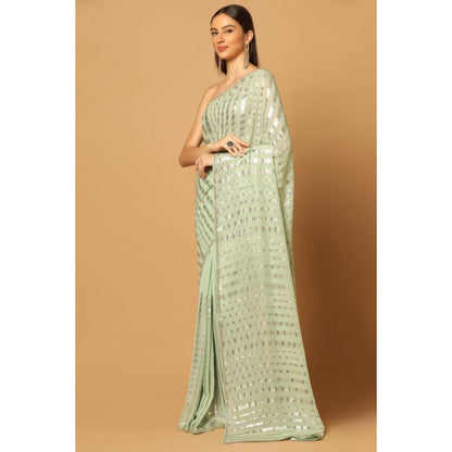 "Two Sisters" by Gyans Green Georgette Embroidered Pre-draped Saree with Unstitched Blouse