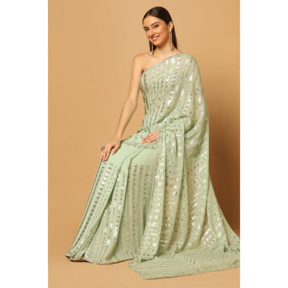 "Two Sisters" by Gyans Green Georgette Embroidered Pre-draped Saree with Unstitched Blouse