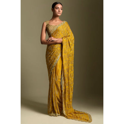 "Two Sisters" by Gyans Mustard Chiffon Embroidered Pre-draped Saree with Unstitched Blouse