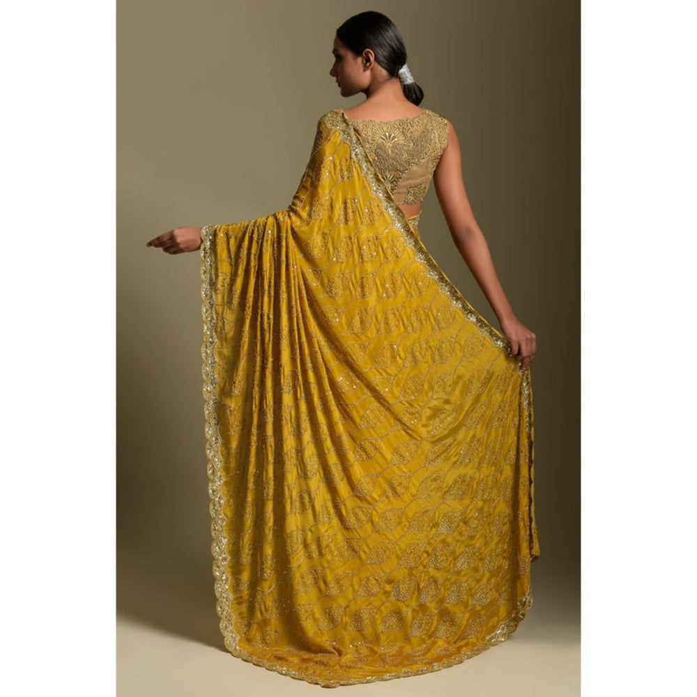 "Two Sisters" by Gyans Mustard Chiffon Embroidered Pre-draped Saree with Unstitched Blouse