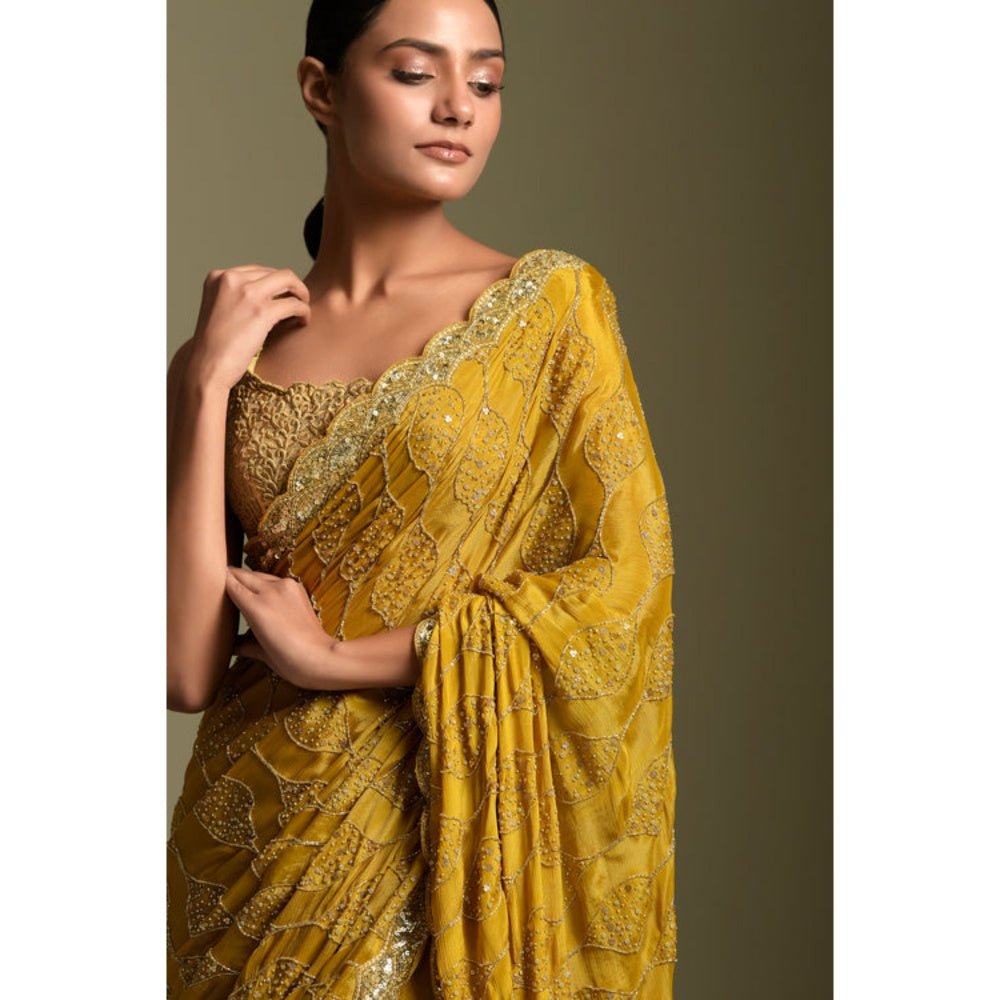 "Two Sisters" by Gyans Mustard Chiffon Embroidered Pre-draped Saree with Unstitched Blouse