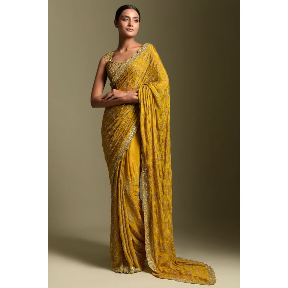 "Two Sisters" by Gyans Mustard Chiffon Embroidered Pre-draped Saree with Unstitched Blouse